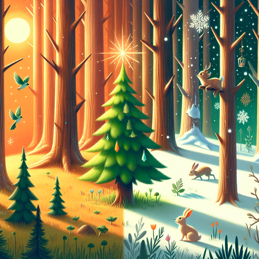 Colorful children's illustration for the story: The Little Fir Tree