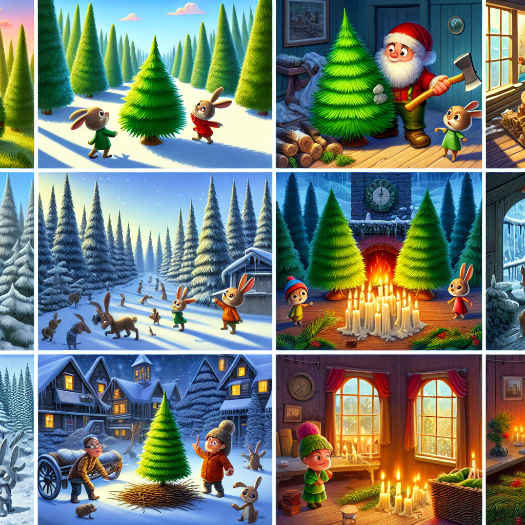 Colorful cartoon storyboard showing 8 key scenes from The Little Fir Tree