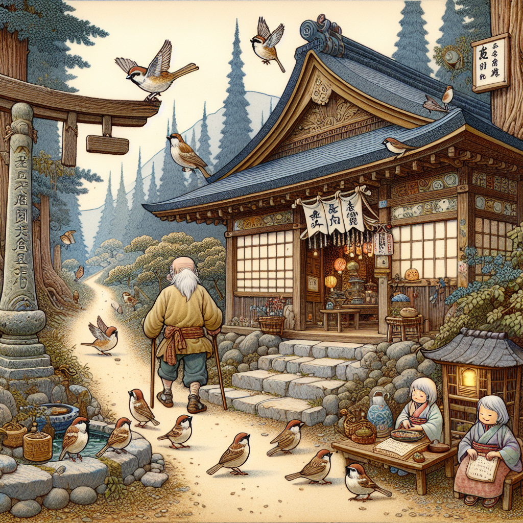 Colorful children's illustration for the story: The Sparrow's Inn