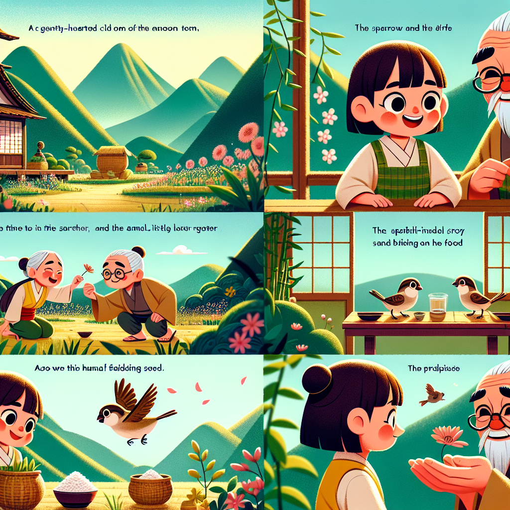 Colorful cartoon storyboard showing 8 key scenes from The Sparrow's Inn