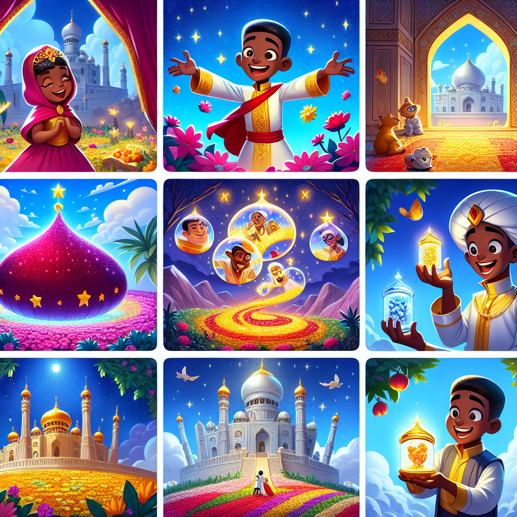 Colorful cartoon storyboard showing 8 key scenes from The Princess and the Three Princes