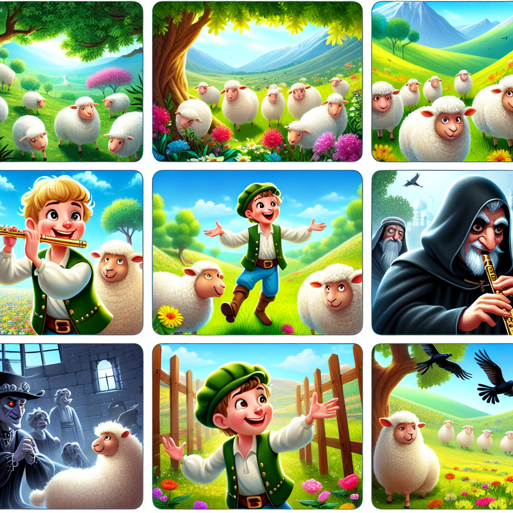 Colorful cartoon storyboard showing 8 key scenes from The Enchanted Flute