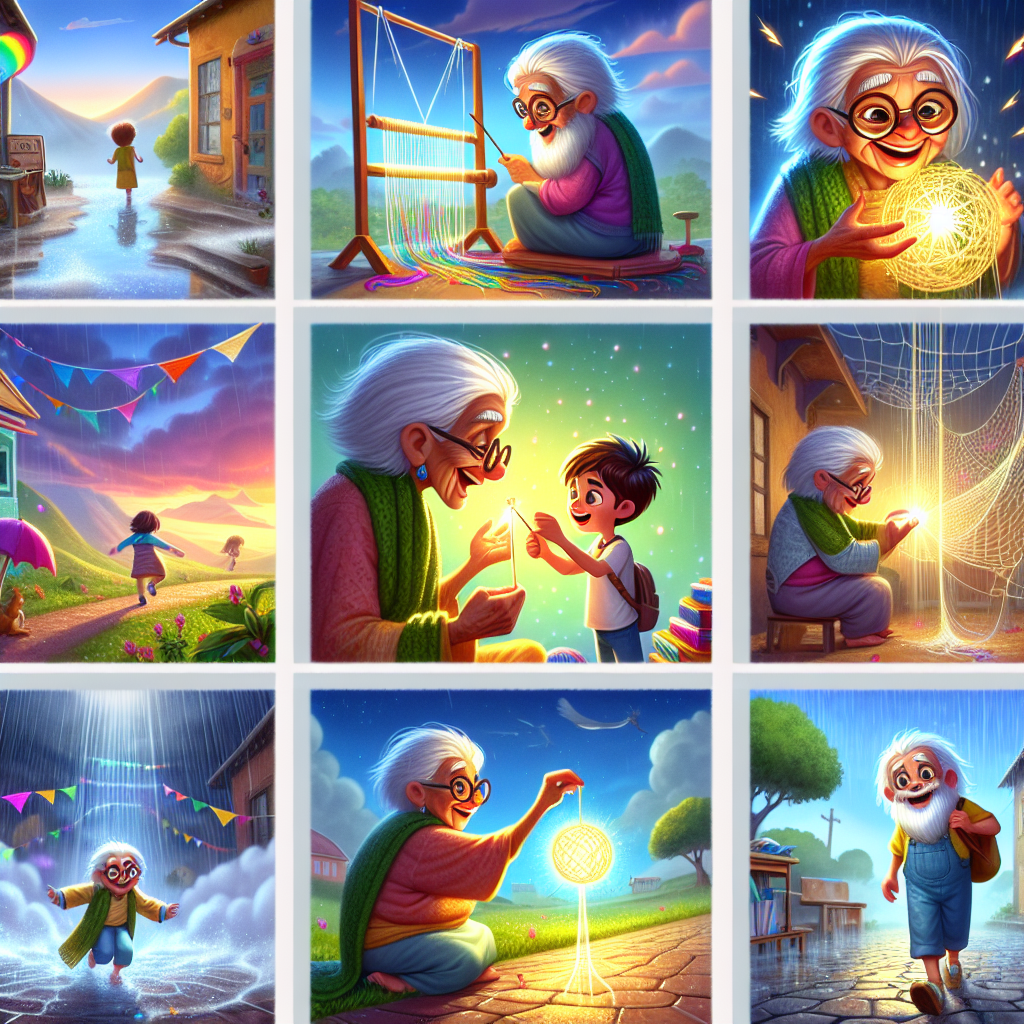 Colorful cartoon storyboard showing 8 key scenes from The Enchanted Thread