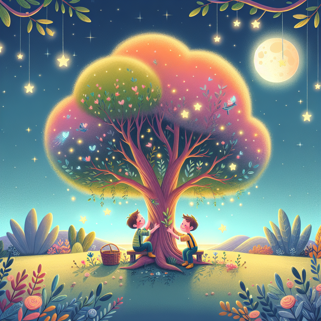 Colorful children's illustration for the story: The Magic Tree and the Two Brothers