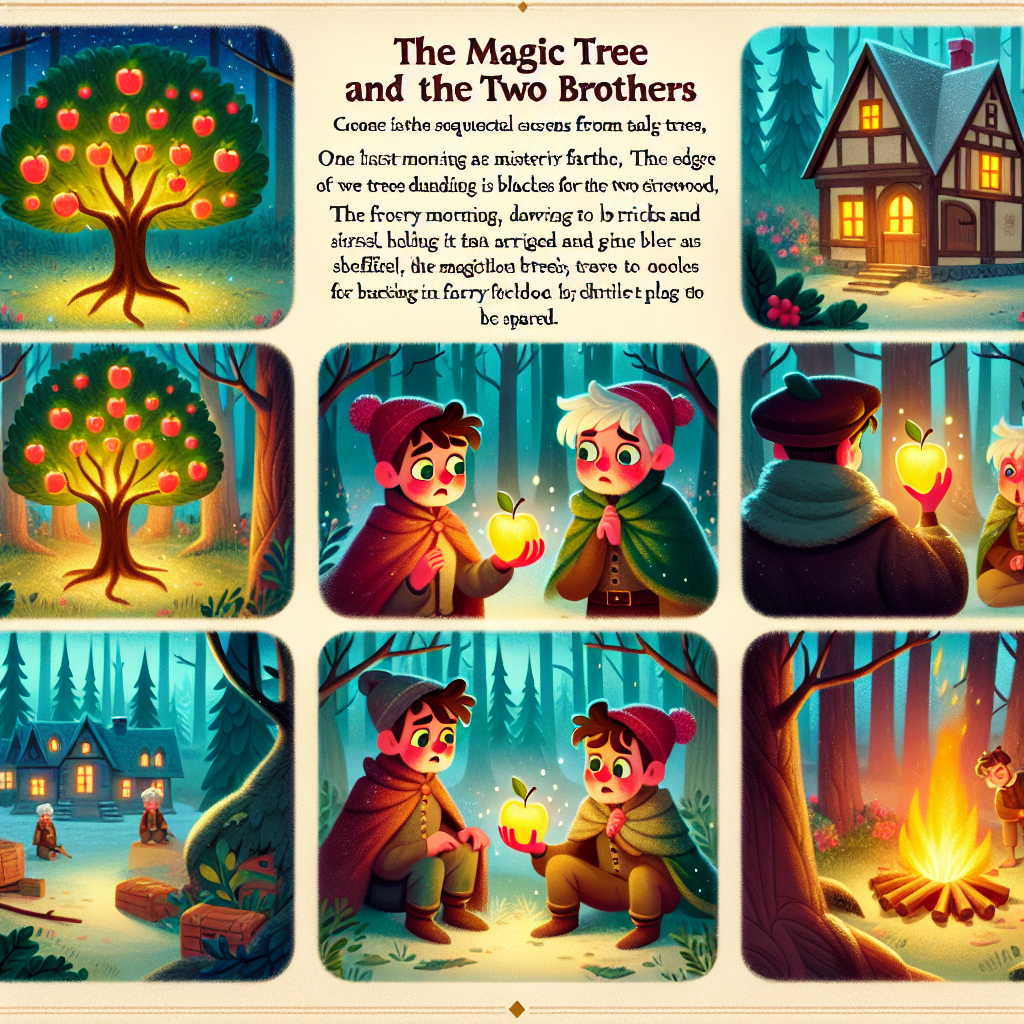 Colorful cartoon storyboard showing 8 key scenes from The Magic Tree and the Two Brothers