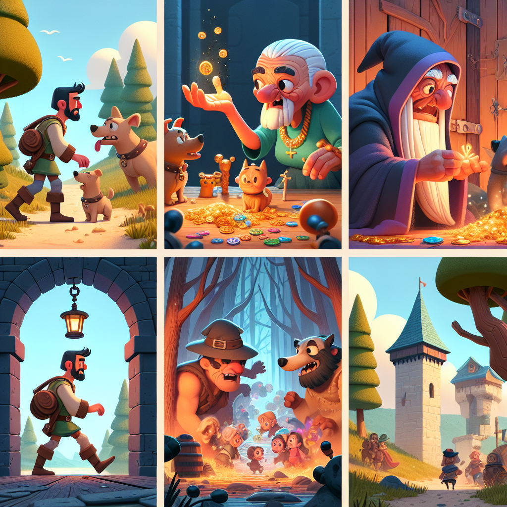 Colorful cartoon storyboard showing 8 key scenes from The Tinderbox