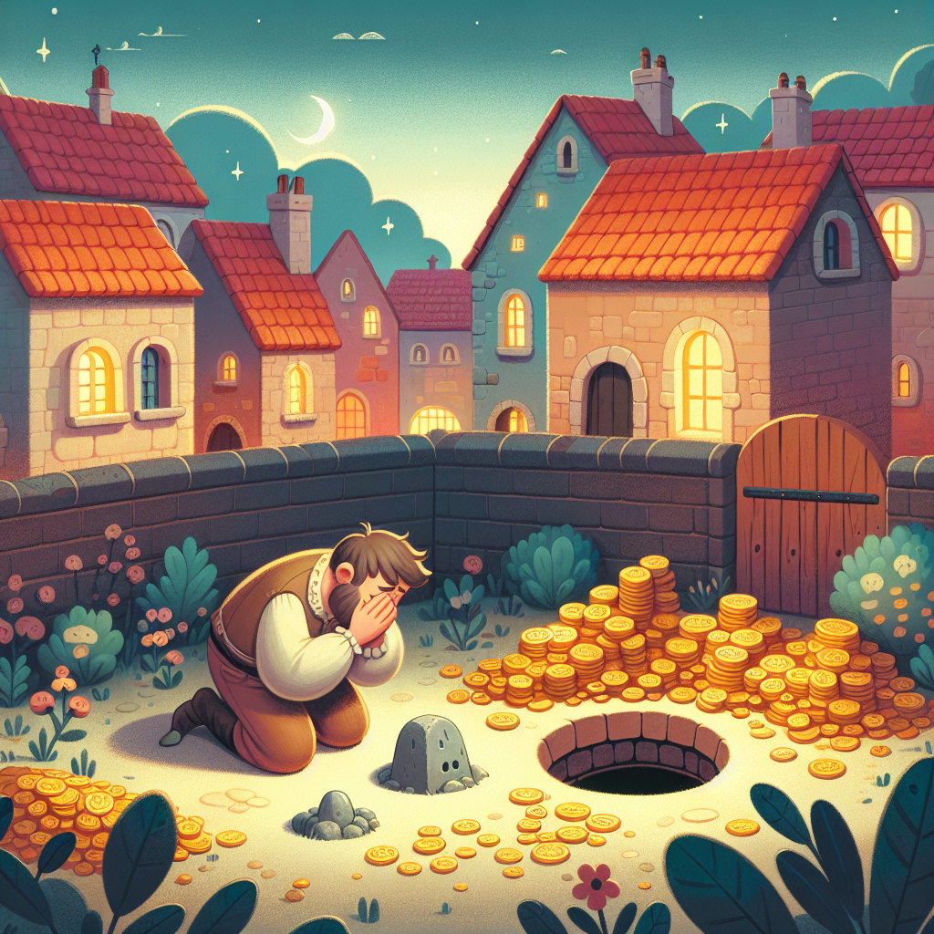 Colorful children's illustration for the story: The Man Who Buried His Treasure