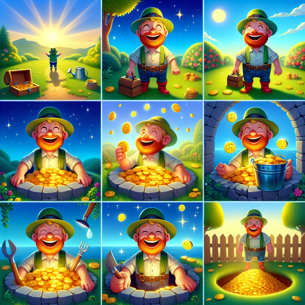 Colorful cartoon storyboard showing 8 key scenes from The Man Who Buried His Treasure