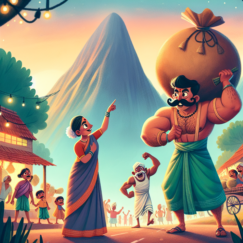 Colorful children's illustration for the story: The Man Who Carried Mountains