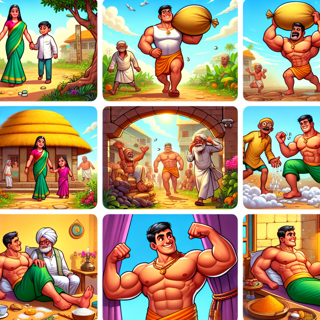 Colorful cartoon storyboard showing 8 key scenes from The Man Who Carried Mountains