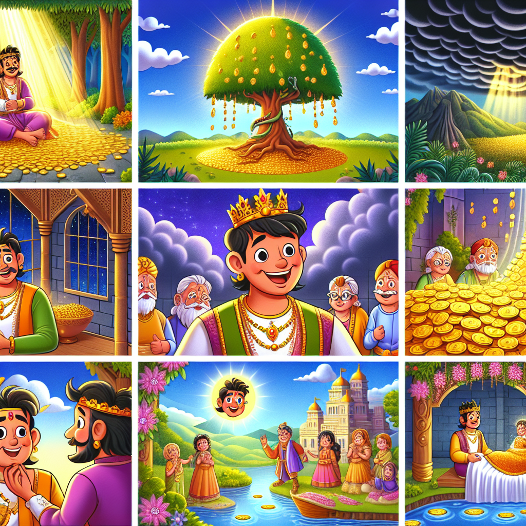 Colorful cartoon storyboard showing 8 key scenes from The Generous Prince