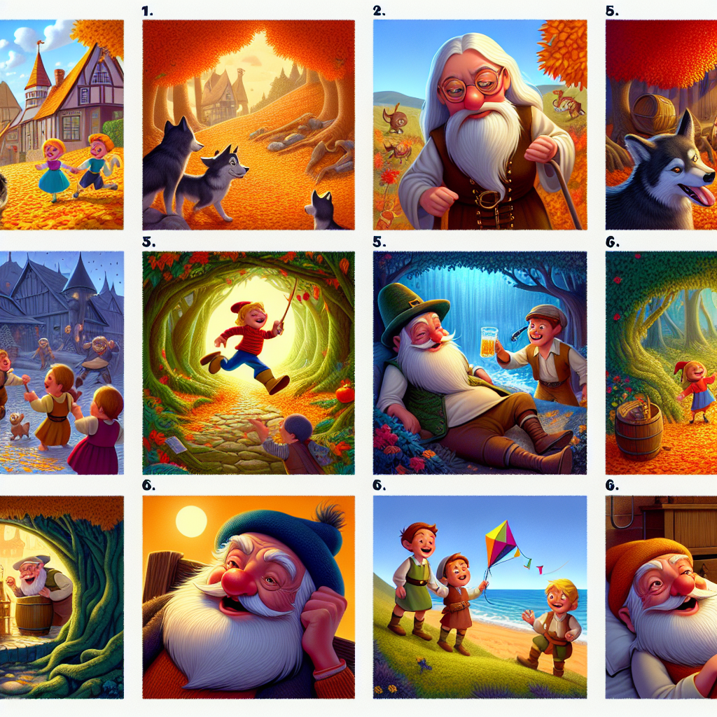 Colorful cartoon storyboard showing 8 key scenes from Rip Van Winkle