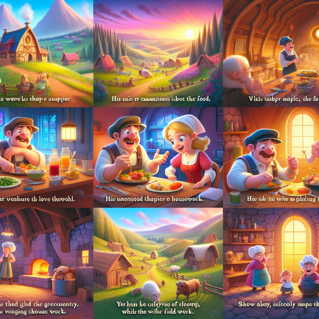 Colorful cartoon storyboard showing 8 key scenes from The Farmer and His Wife