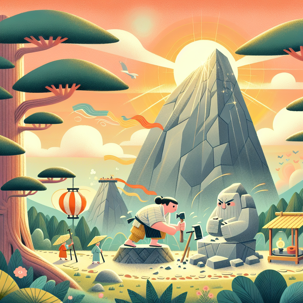 Colorful children's illustration for the story: The Stonecutter