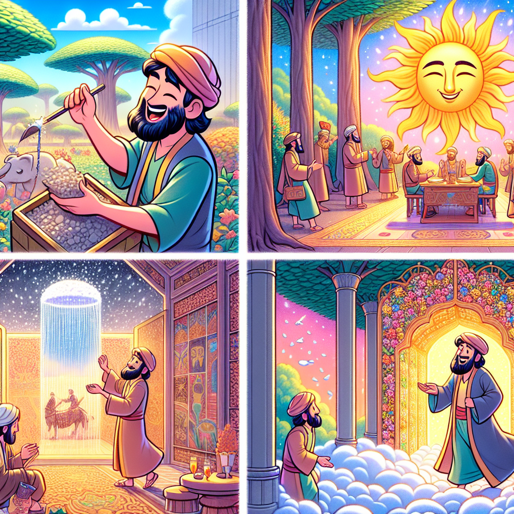 Colorful cartoon storyboard showing 8 key scenes from The Stonecutter