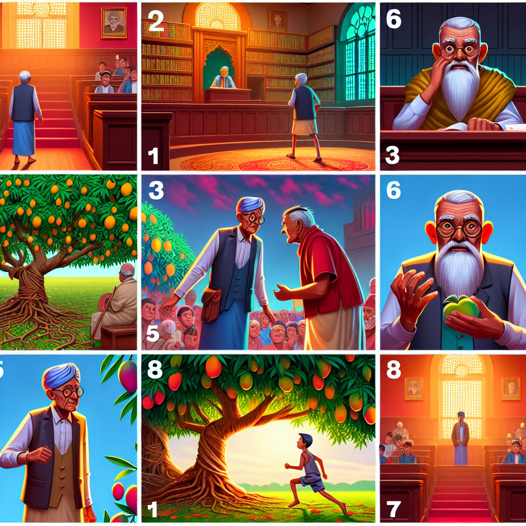 Colorful cartoon storyboard showing 8 key scenes from The Mango Tree Witness