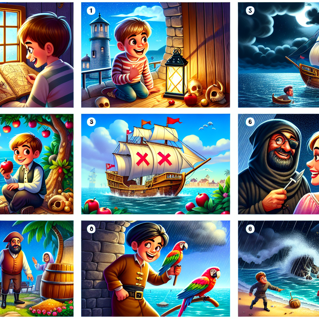 Colorful cartoon storyboard showing 8 key scenes from Treasure Island