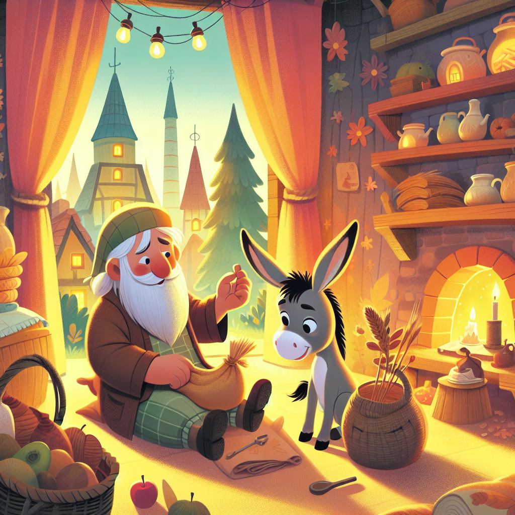 Colorful children's illustration for the story: The Merchant and the Donkey