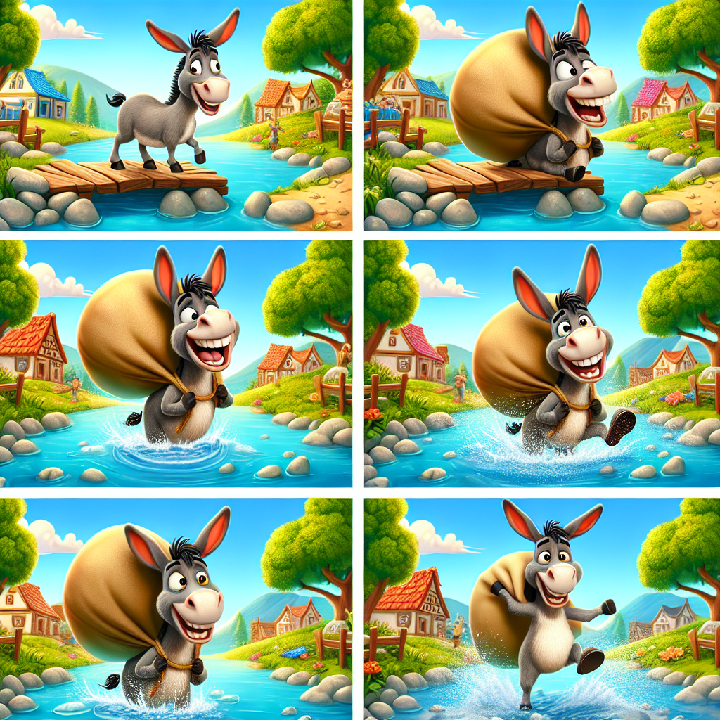 Colorful cartoon storyboard showing 8 key scenes from The Merchant and the Donkey