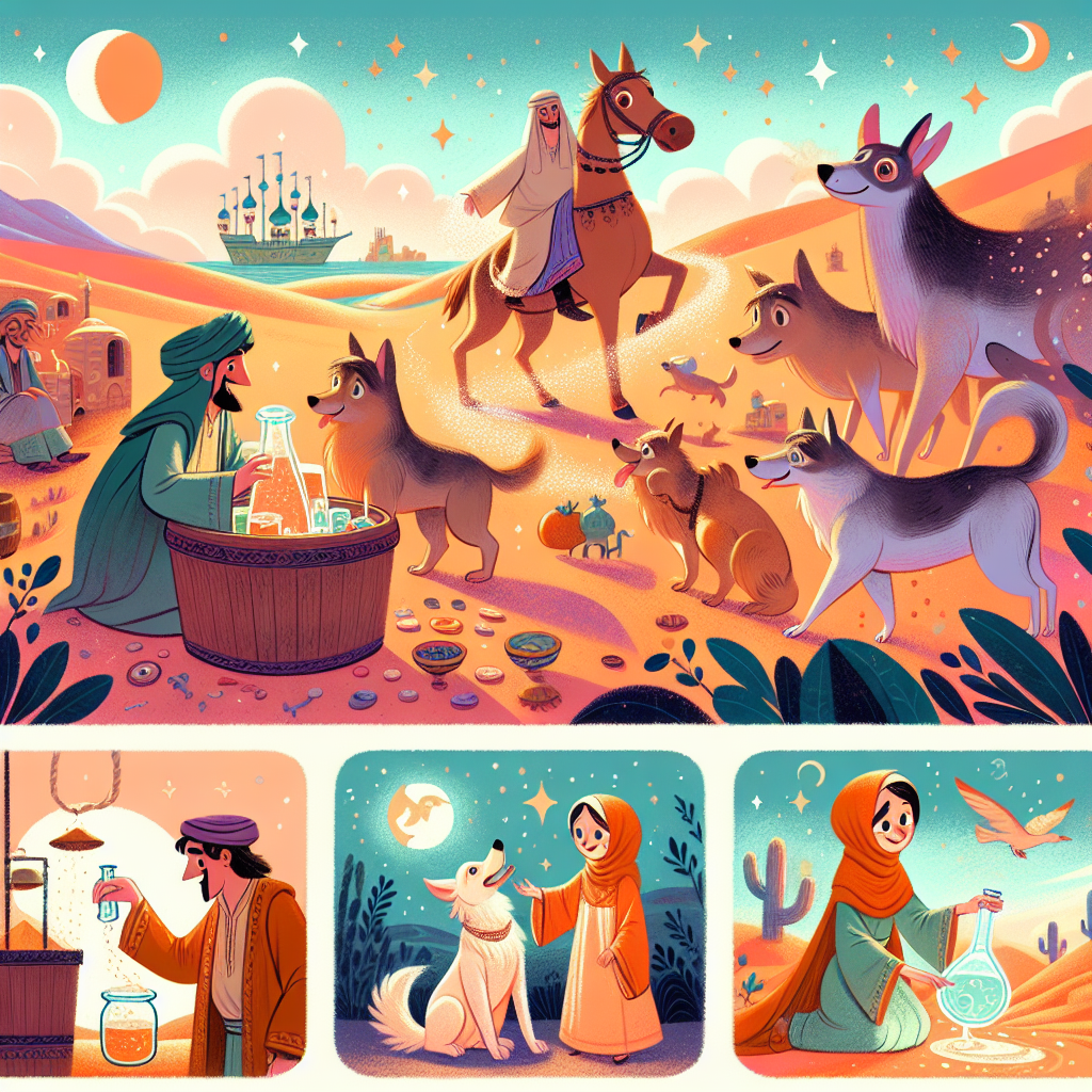 Colorful children's illustration for the story: The Merchant and the Genie