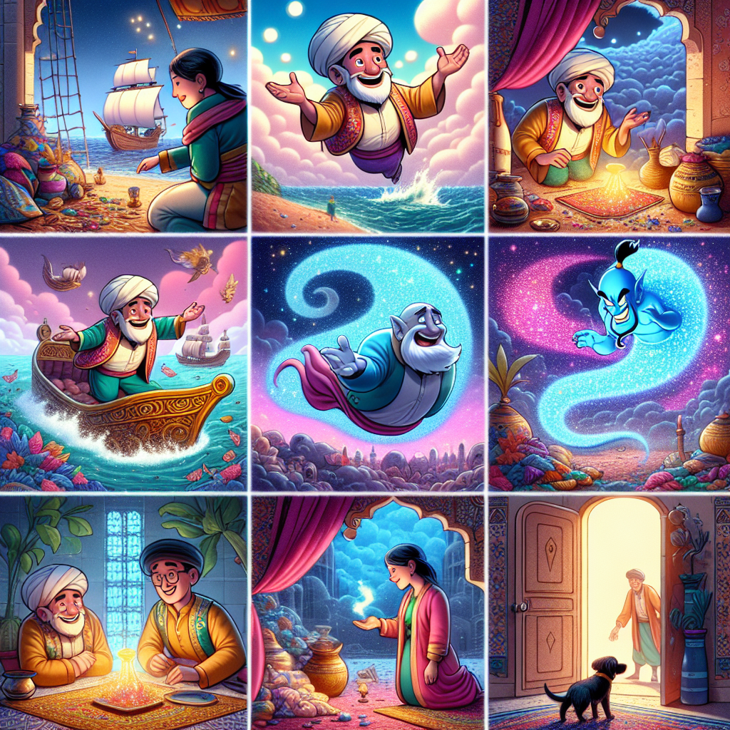 Colorful cartoon storyboard showing 8 key scenes from The Merchant and the Genie