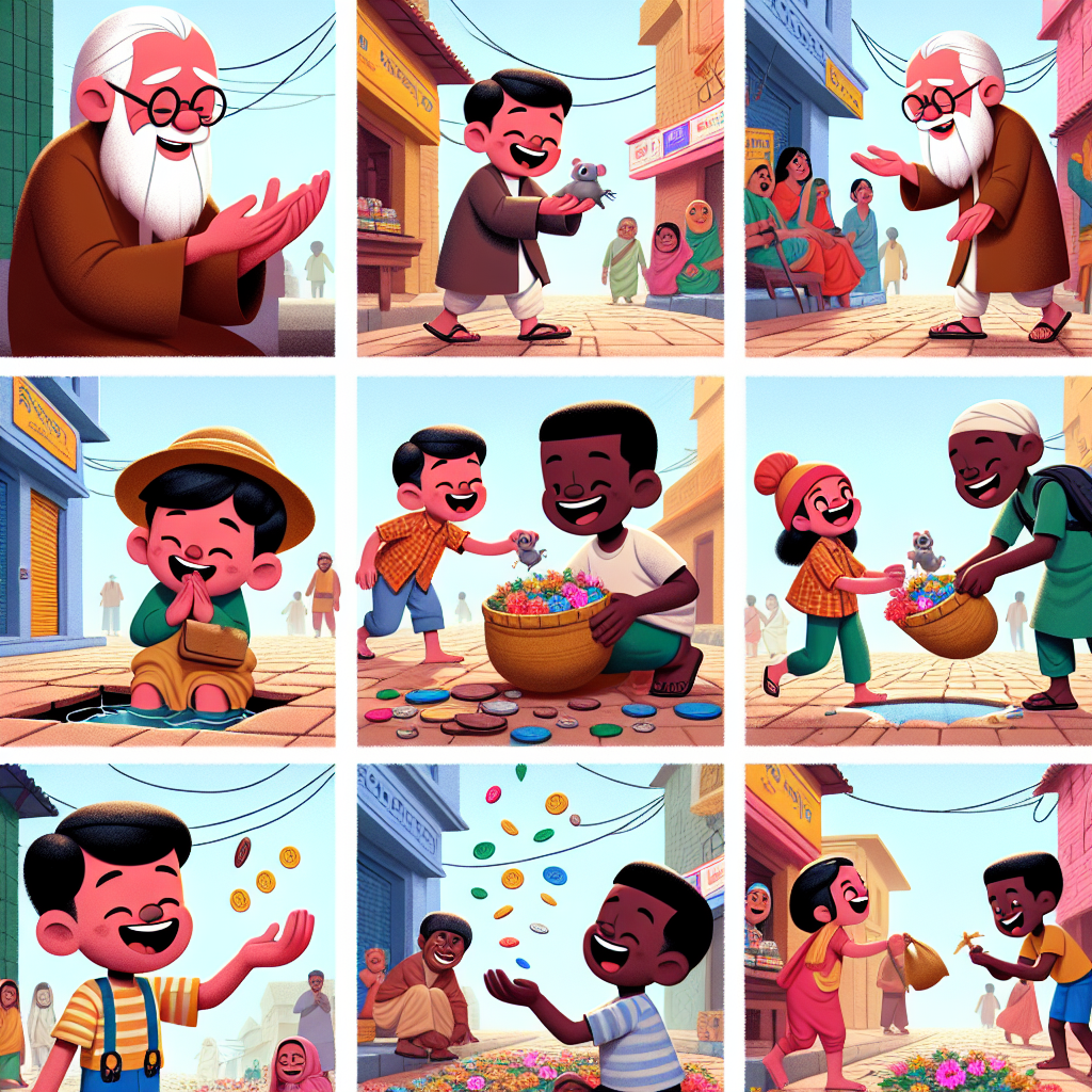 Colorful cartoon storyboard showing 8 key scenes from The Mouse That Brought Good Fortune