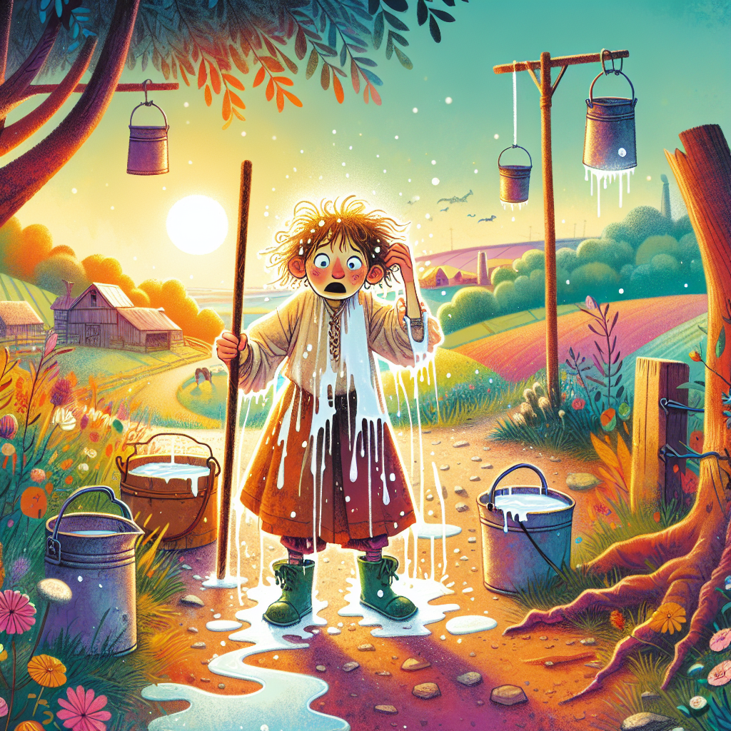Colorful children's illustration for the story: The Milkmaid and Her Dream