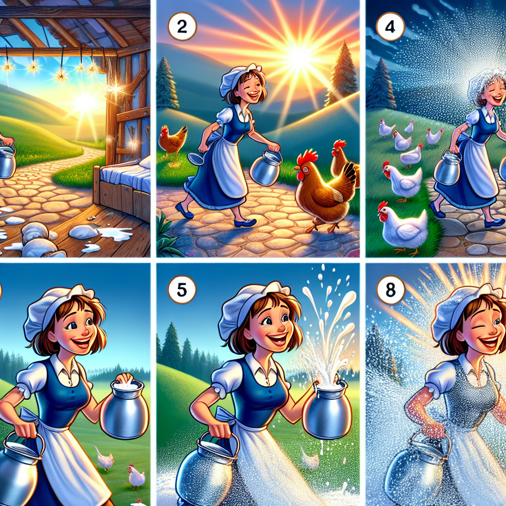 Colorful cartoon storyboard showing 8 key scenes from The Milkmaid and Her Dream