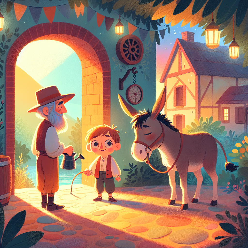Colorful children's illustration for the story: The Miller, His Son, and the Donkey