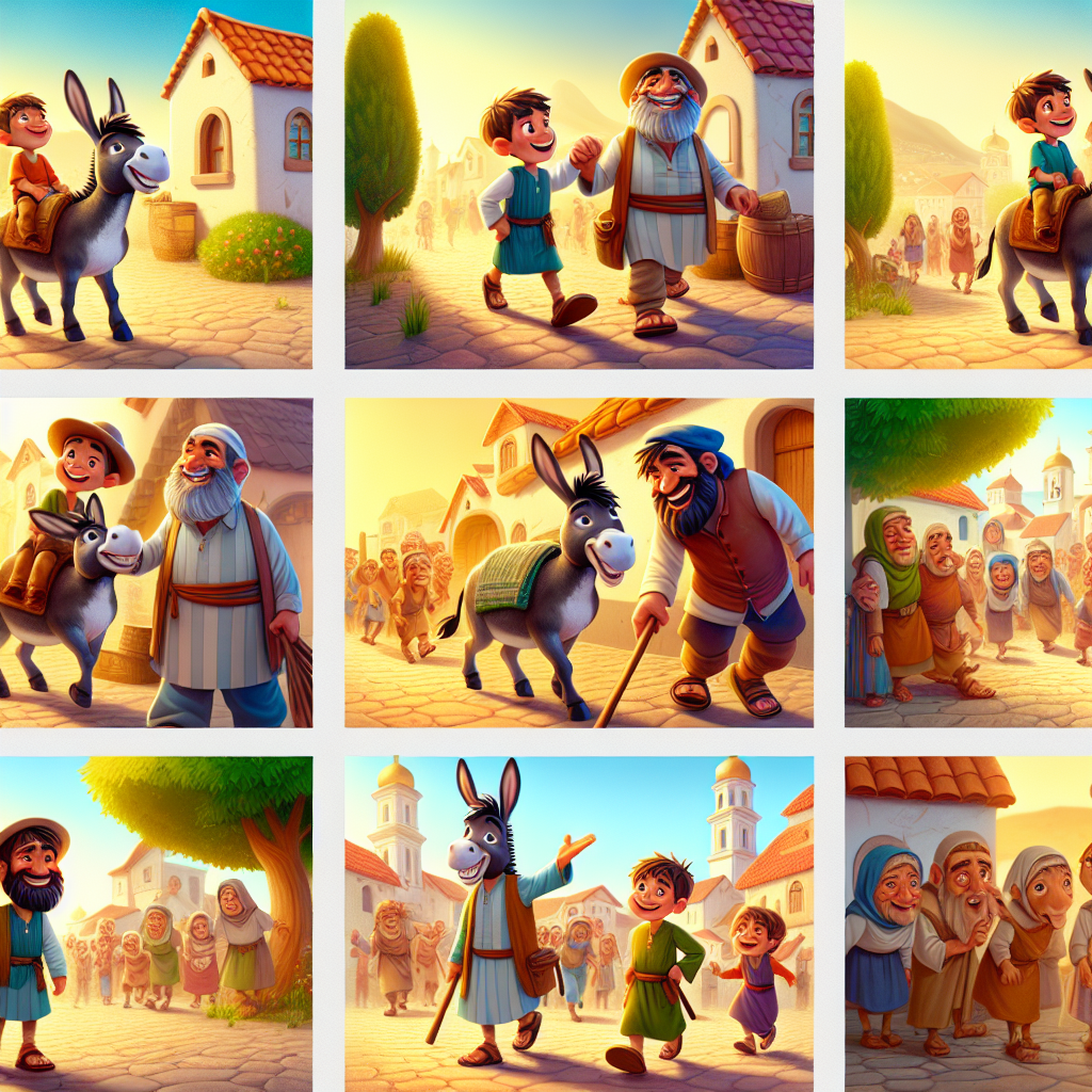 Colorful cartoon storyboard showing 8 key scenes from The Miller, His Son, and the Donkey