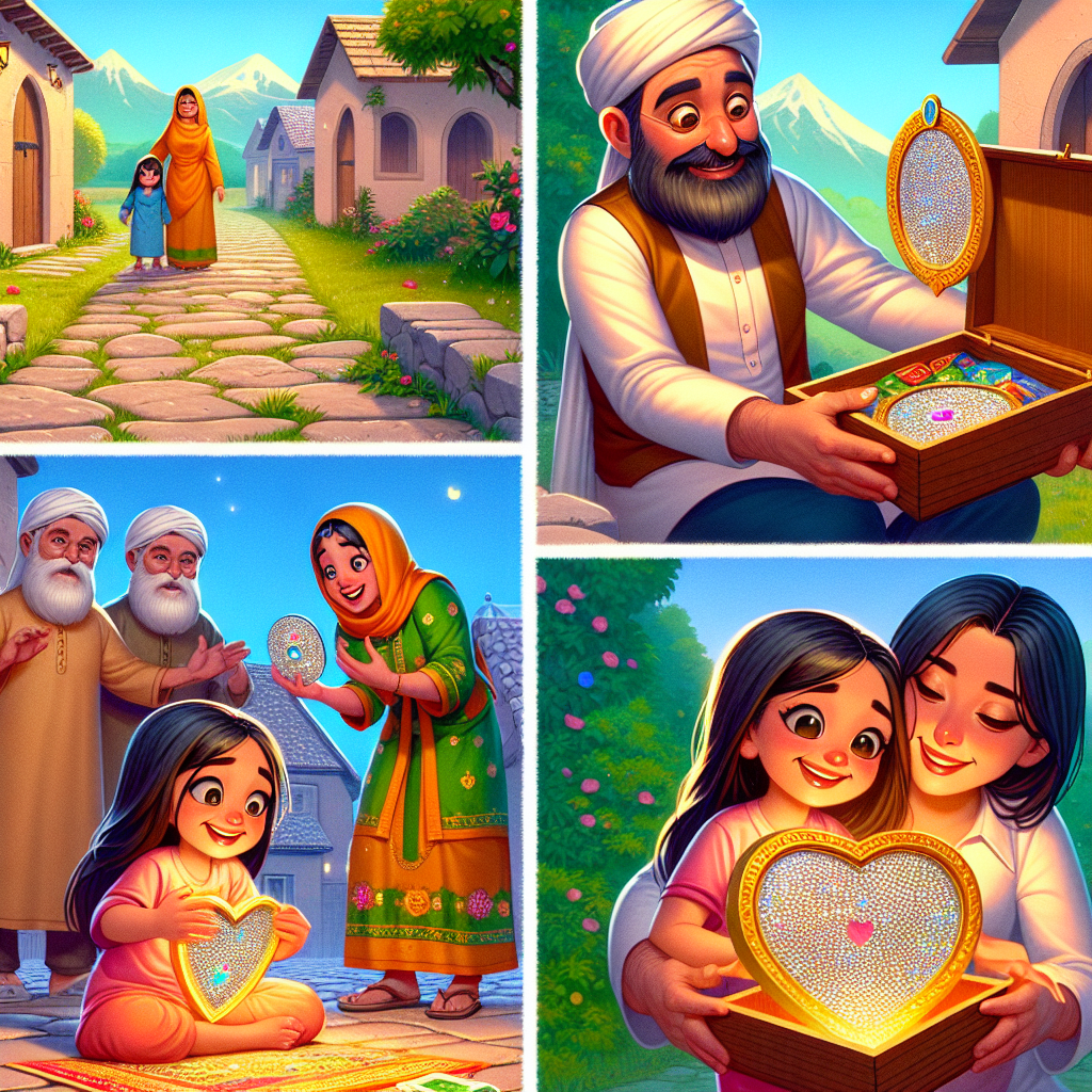 Colorful cartoon storyboard showing 8 key scenes from The Mirror of the Mother