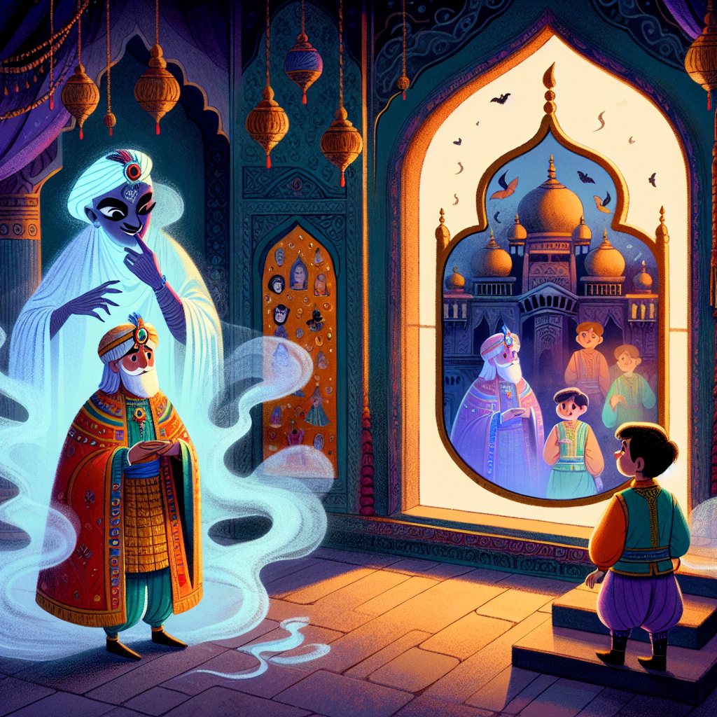 Colorful children's illustration for the story: The Talking Mirror