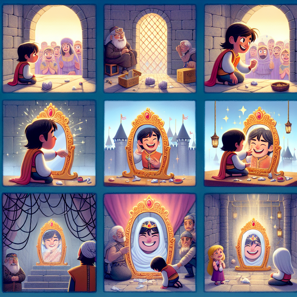 Colorful cartoon storyboard showing 8 key scenes from The Talking Mirror