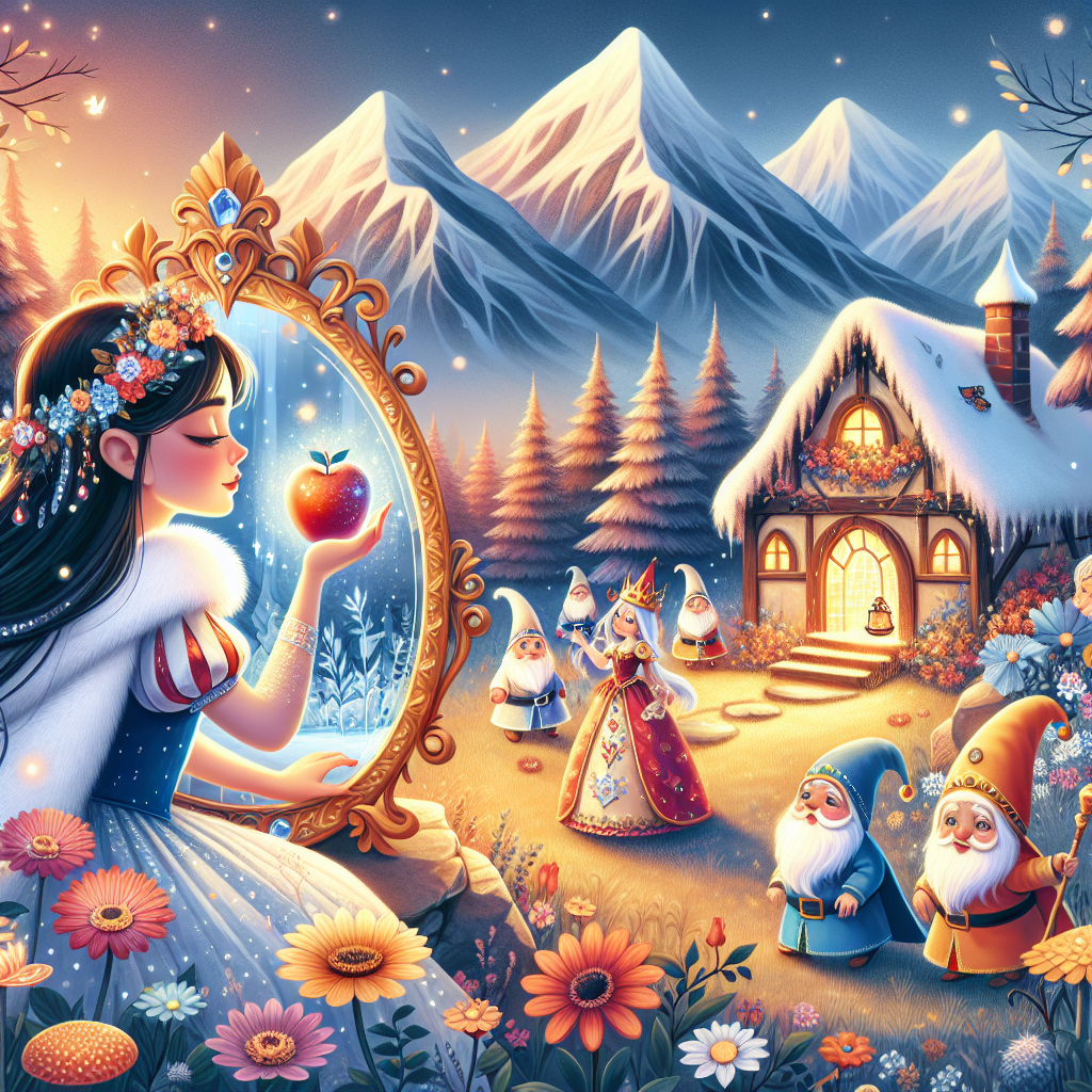 Colorful children's illustration for the story: Snow White