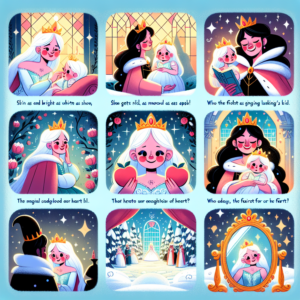 Colorful cartoon storyboard showing 8 key scenes from Snow White
