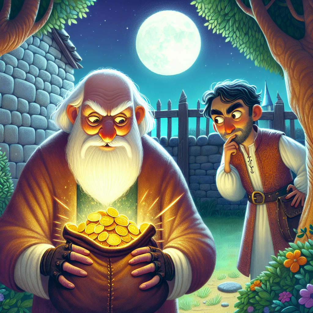Colorful children's illustration for the story: The Miser and His Treasure