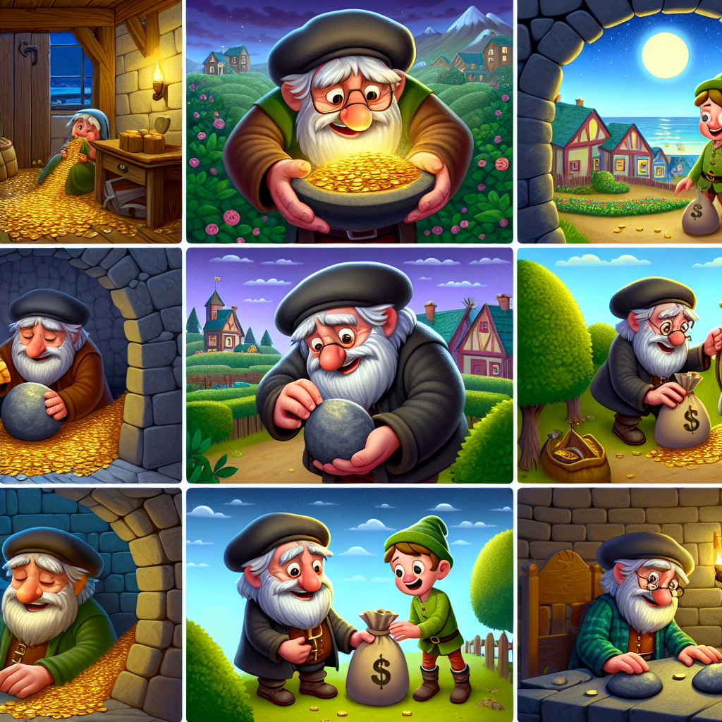Colorful cartoon storyboard showing 8 key scenes from The Miser and His Treasure