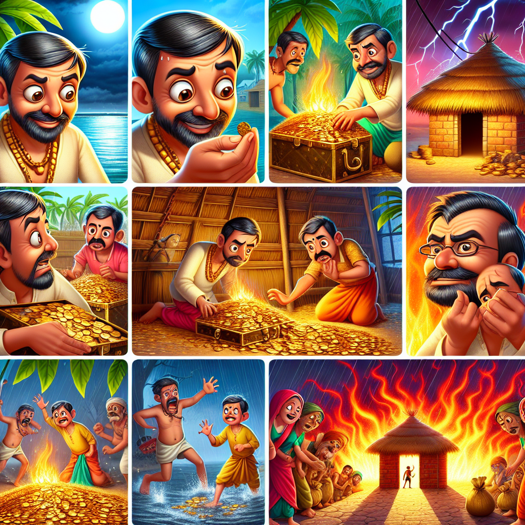 Colorful cartoon storyboard showing 8 key scenes from The Greedy Goldsmith