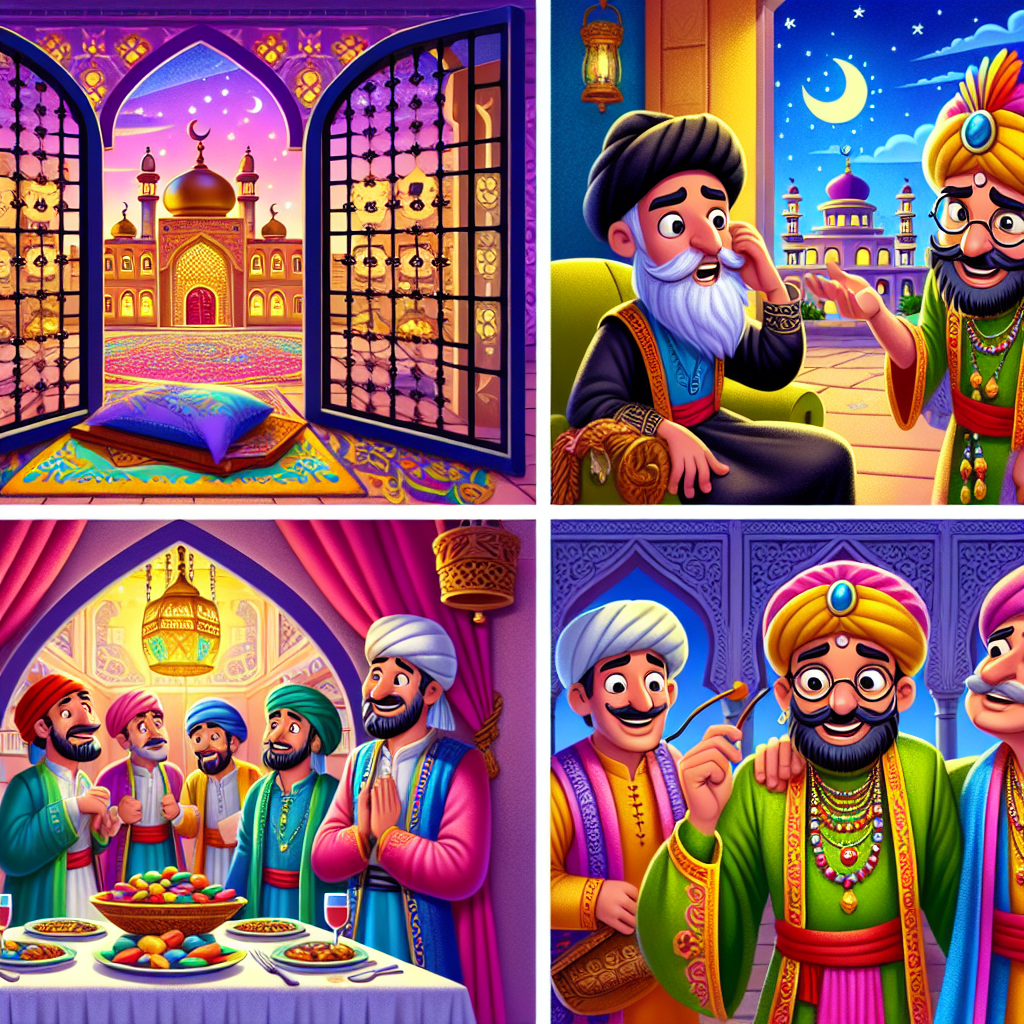 Colorful cartoon storyboard showing 8 key scenes from The Miser's Dinner