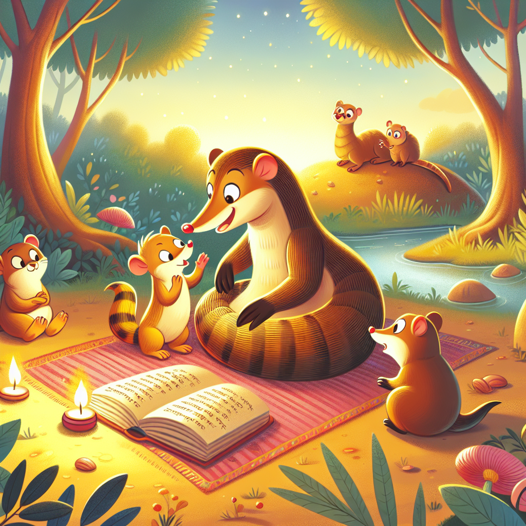 Colorful children's illustration for the story: The Mongoose and the Brahmin's Wife