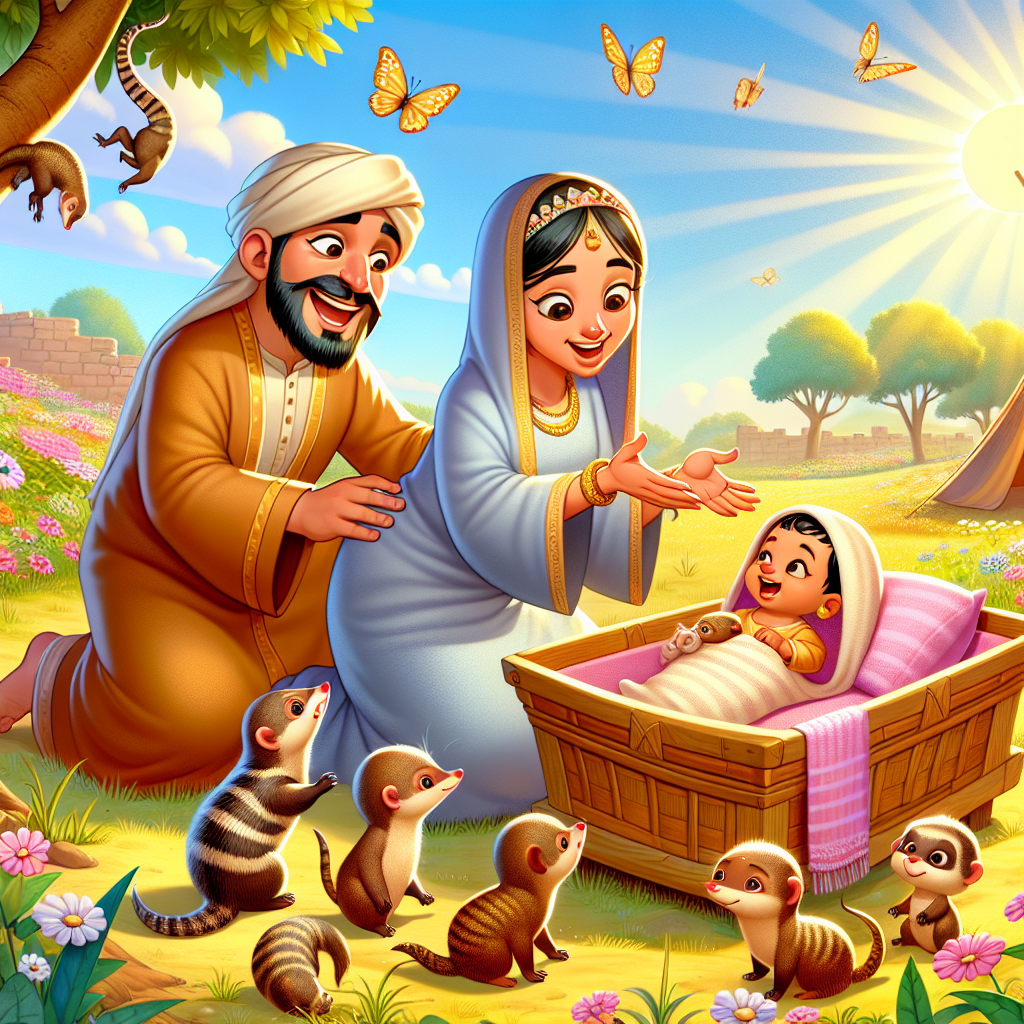 Colorful cartoon storyboard showing 8 key scenes from The Mongoose and the Brahmin's Wife