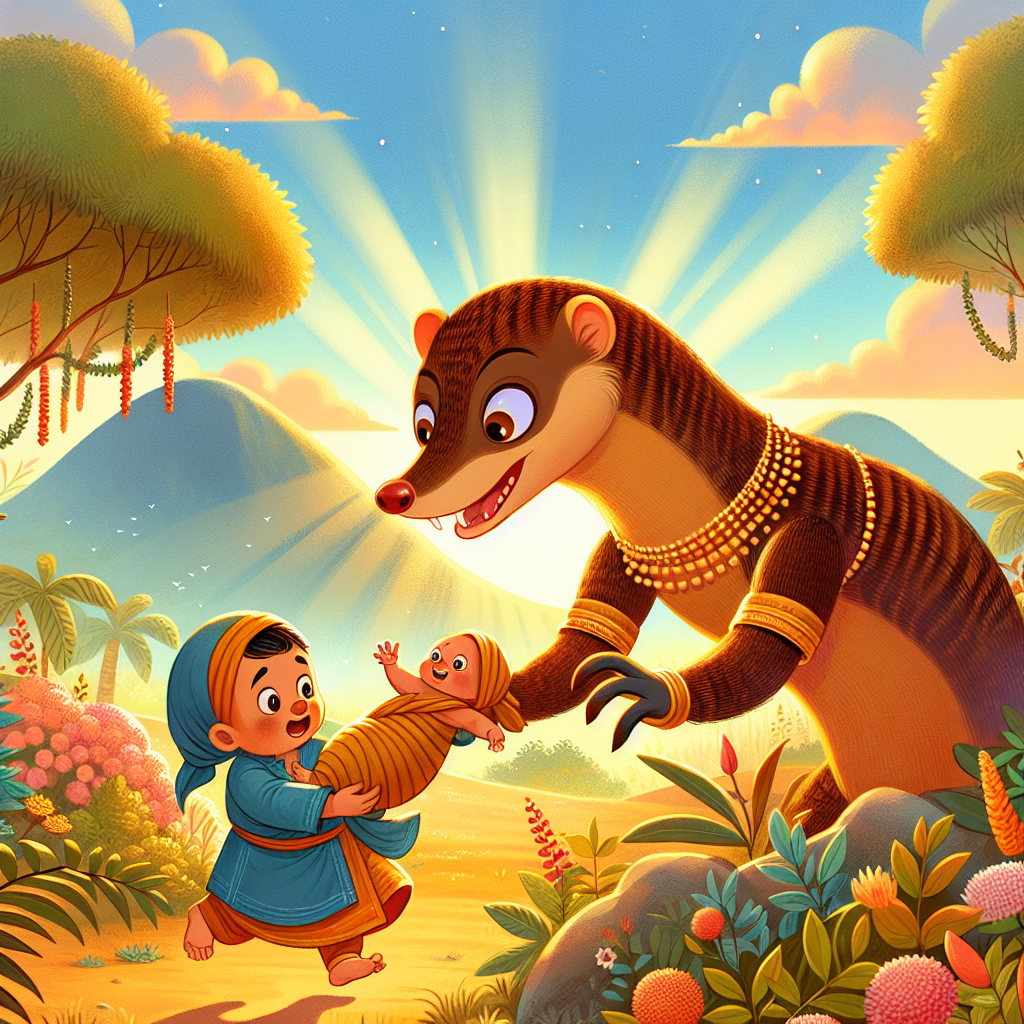 Colorful children's illustration for the story: The Mongoose and the Baby