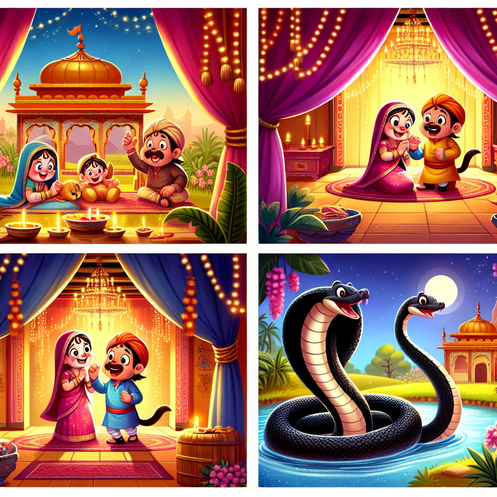 Colorful cartoon storyboard showing 8 key scenes from The Mongoose and the Baby