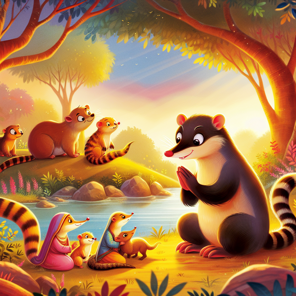 Colorful children's illustration for the story: The Mongoose and the Brahmin