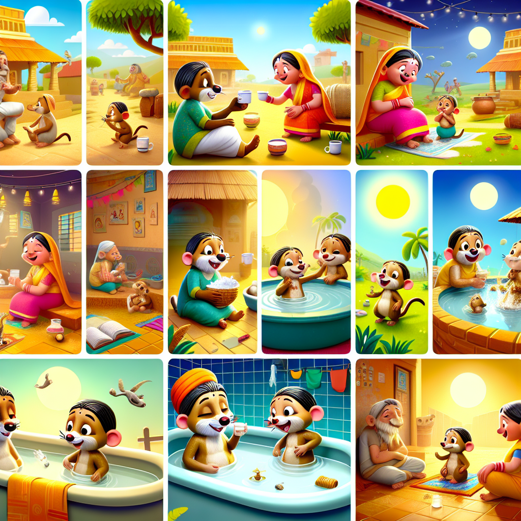 Colorful cartoon storyboard showing 8 key scenes from The Mongoose and the Brahmin
