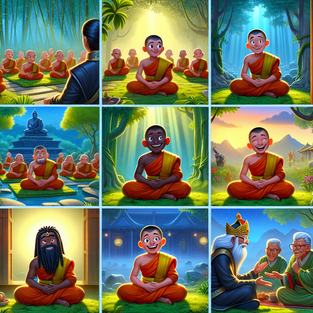 Colorful cartoon storyboard showing 8 key scenes from The Grateful Man