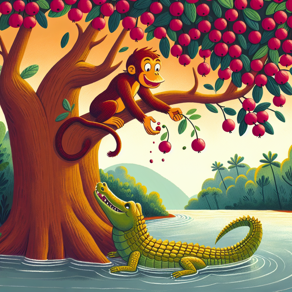 Colorful children's illustration for the story: The Monkey and the Crocodile