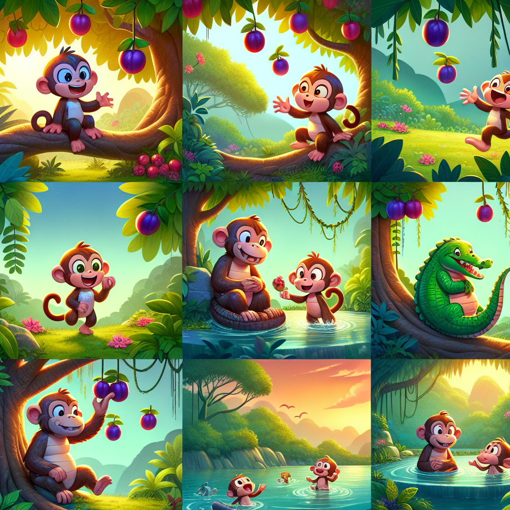 Colorful cartoon storyboard showing 8 key scenes from The Monkey and the Crocodile