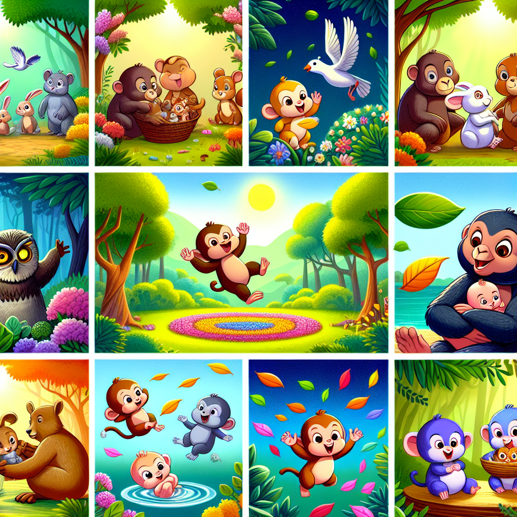 Colorful cartoon storyboard showing 8 key scenes from The Monkey and the Baby