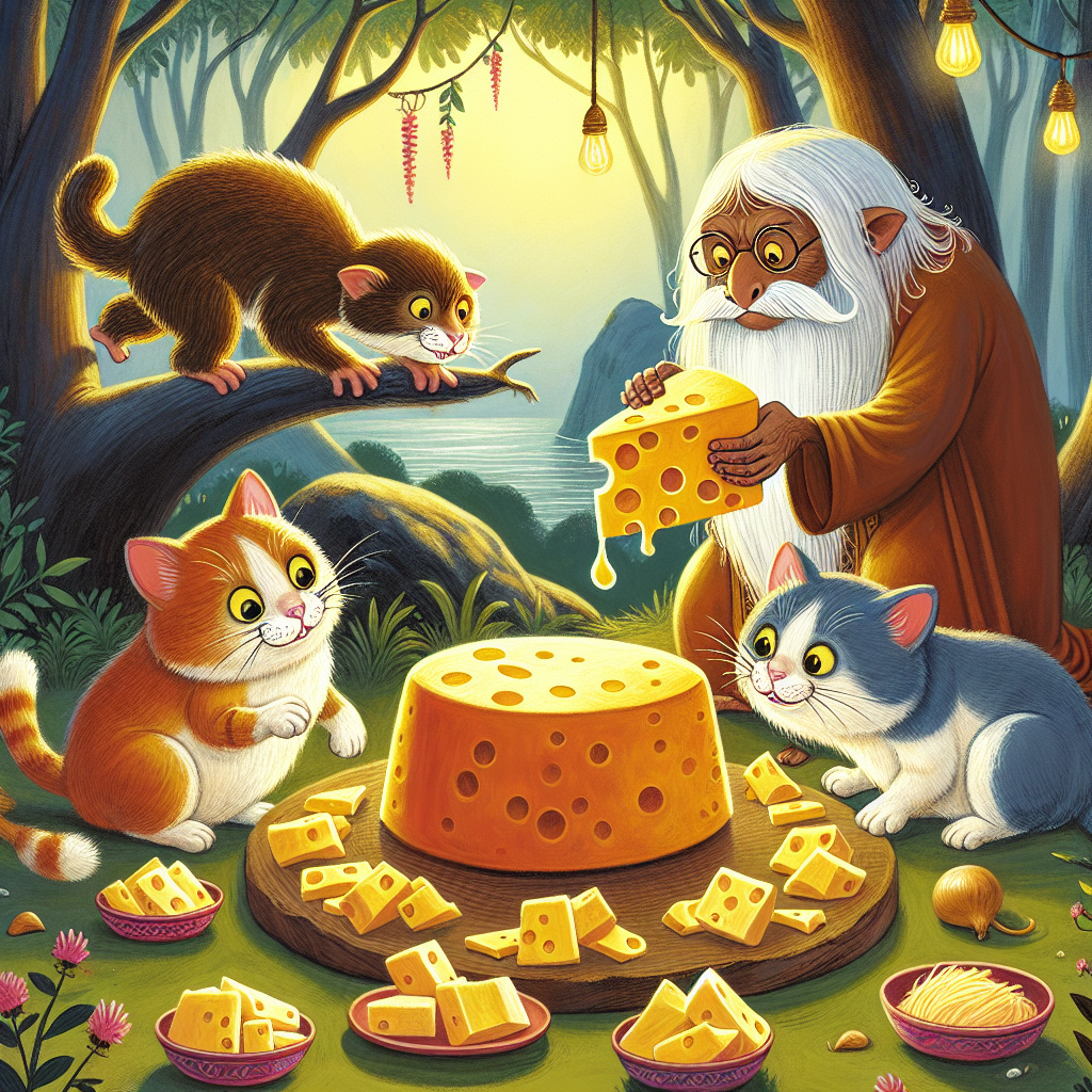 Colorful children's illustration for the story: The Two Cats and the Cheese
